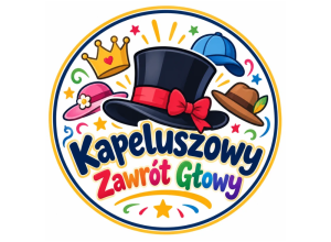 Okrągłe, kolorowe logo wydarzenia „Kapeluszowy Zawrót Głowy”. W centrum czarny cylinder z czerwoną kokardą, wokół różne kapelusze i ozdobne gwiazdki.