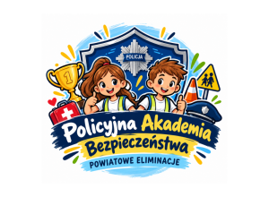 Kolorowe logo Policyjnej Akademii Bezpieczeństwa. Dwoje uśmiechniętych dzieci na tle policyjnej odznaki, pucharu, apteczki i znaków drogowych.