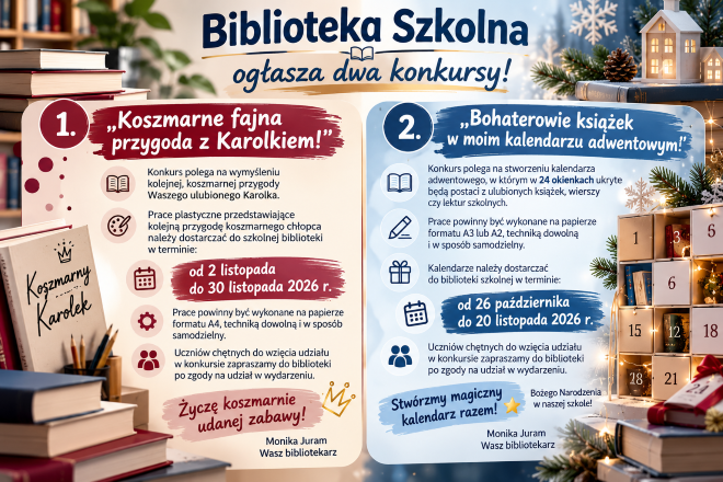 Poziomy plakat informujący o dwóch konkursach organizowanych przez bibliotekę szkolną. Po lewej stronie przedstawiono konkurs „Koszmarnie fajna przygoda z Karolkiem!”, a po prawej „Bohaterowie książek w moim kalendarzu adwentowym”. Grafika utrzymana jest w ciepłej, bordowo-beżowej oraz zimowej, niebieskiej kolorystyce. Całość uzupełniają książki, przybory plastyczne i dekoracje świąteczne. Plakat zawiera zasady uczestnictwa, wymagane formaty prac oraz terminy ich składania.