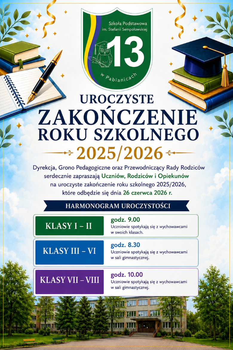 Plakat informujący o uroczystym zakończeniu roku szkolnego.
